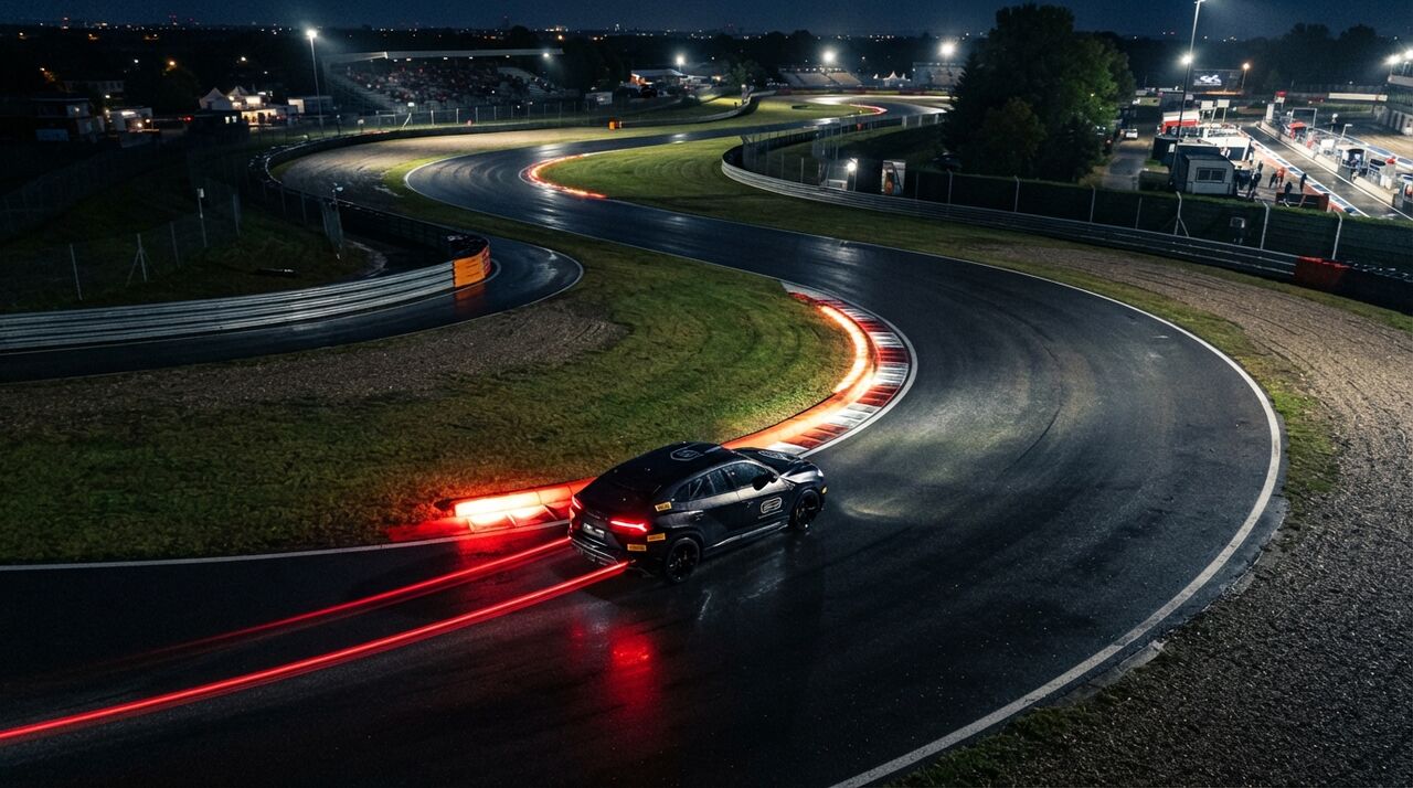Lamborghini Urus escuro numa curva de pista à noite, com rastros de luz vermelha